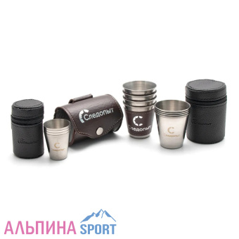 Рюмка-стопка СЛЕДОПЫТ 60 мл в кожаной тубе рюмки в доп. кожаном оплете (4 шт.)_v03